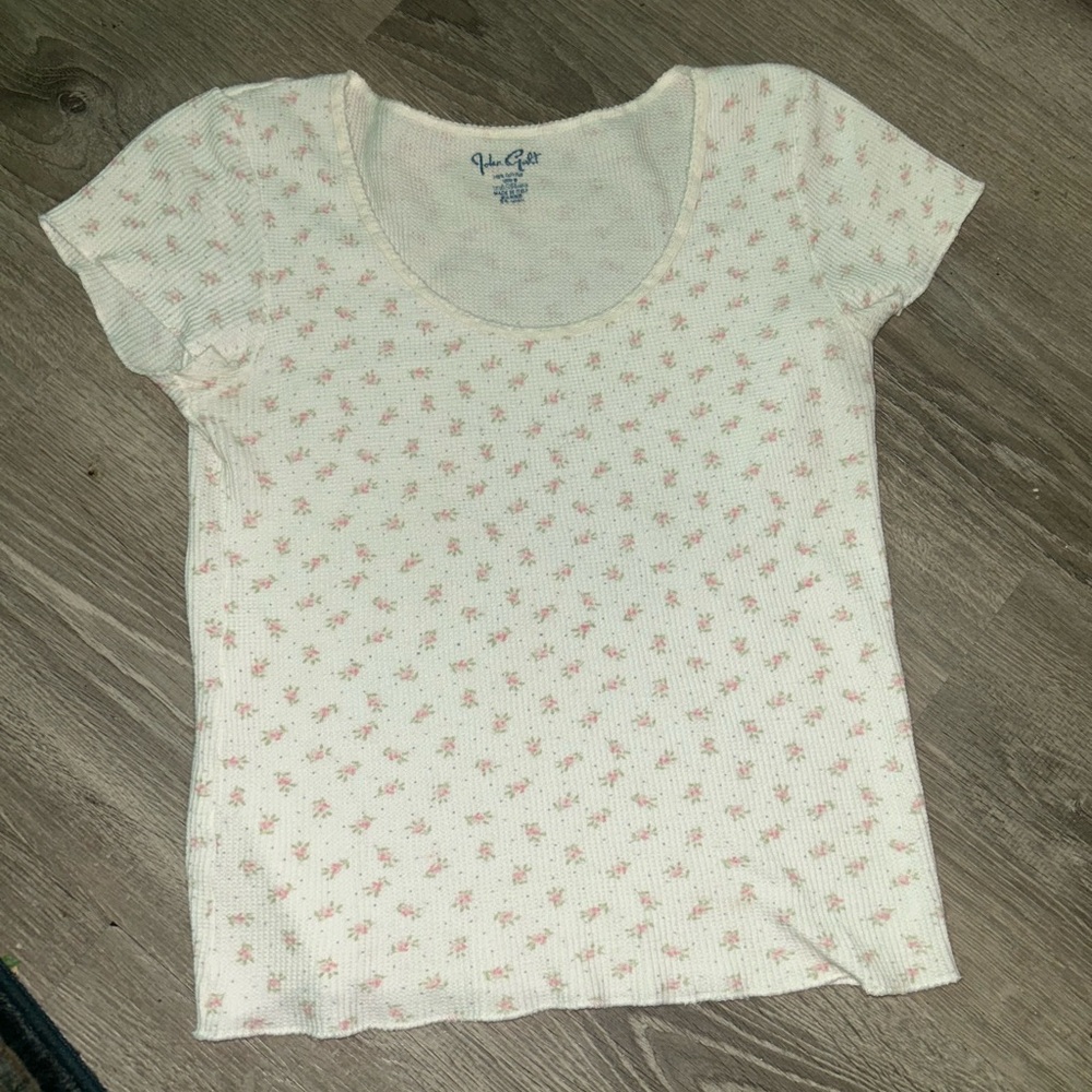Brandy Melville Cream and Pink Floral Short Sleeve Top